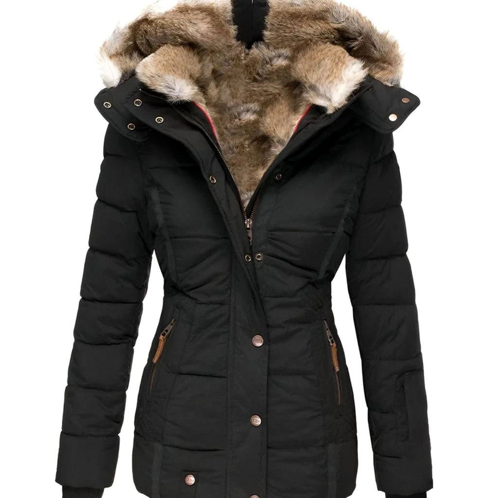 Women's hooded puffer jacket in black with quilted panels and faux fur trim
