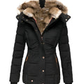 Women's hooded puffer jacket in black with quilted panels and faux fur trim