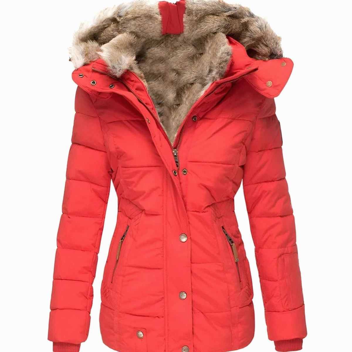 Women's hooded puffer jacket in red with quilted panels and faux fur trim