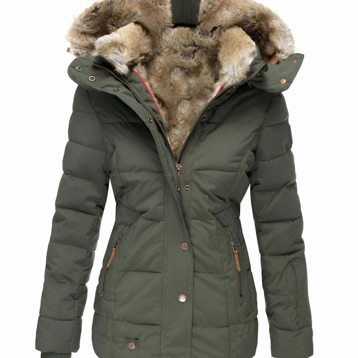 Women's hooded puffer jacket in green with quilted panels and faux fur trim