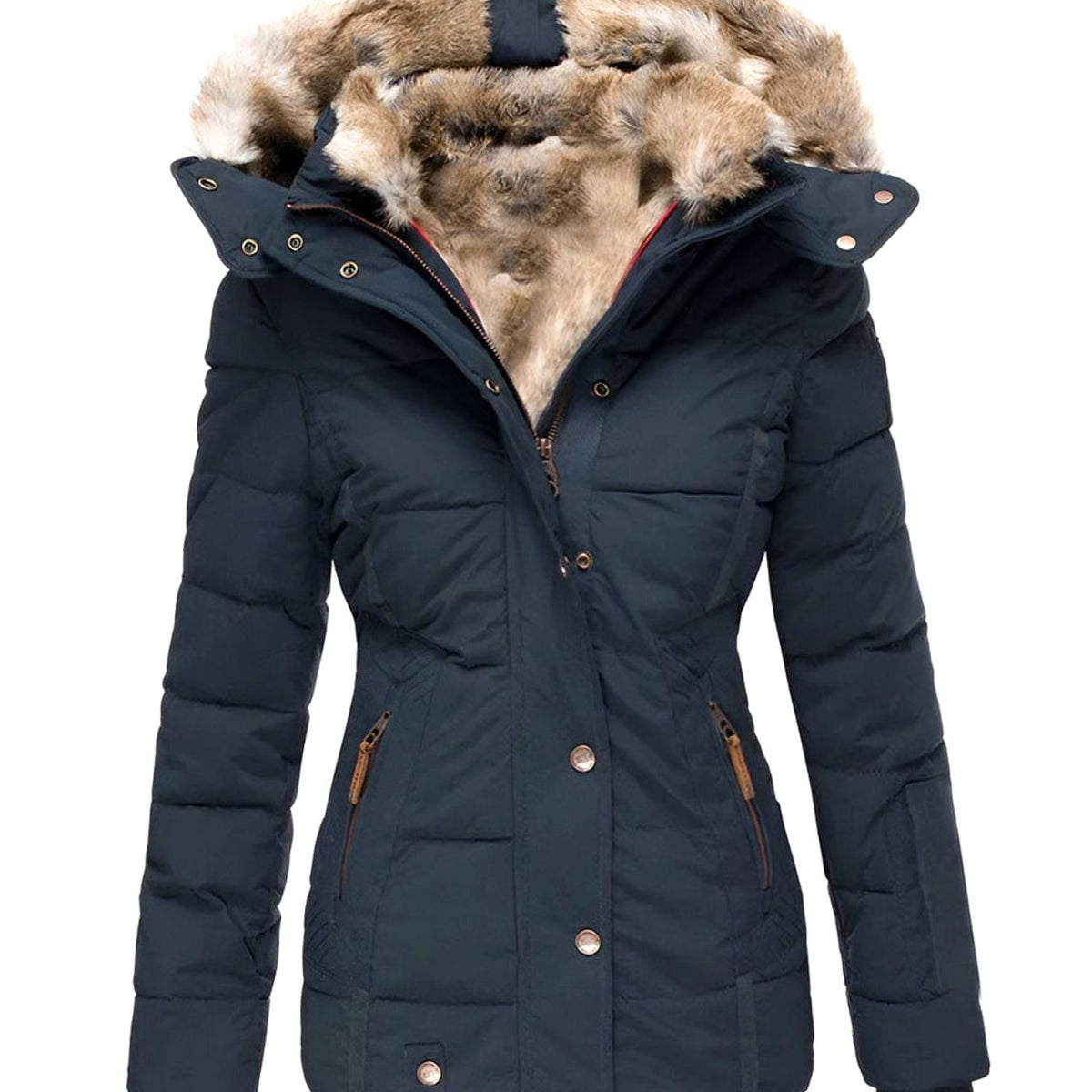 Women's hooded puffer jacket in navy blue with quilted panels and faux fur trim