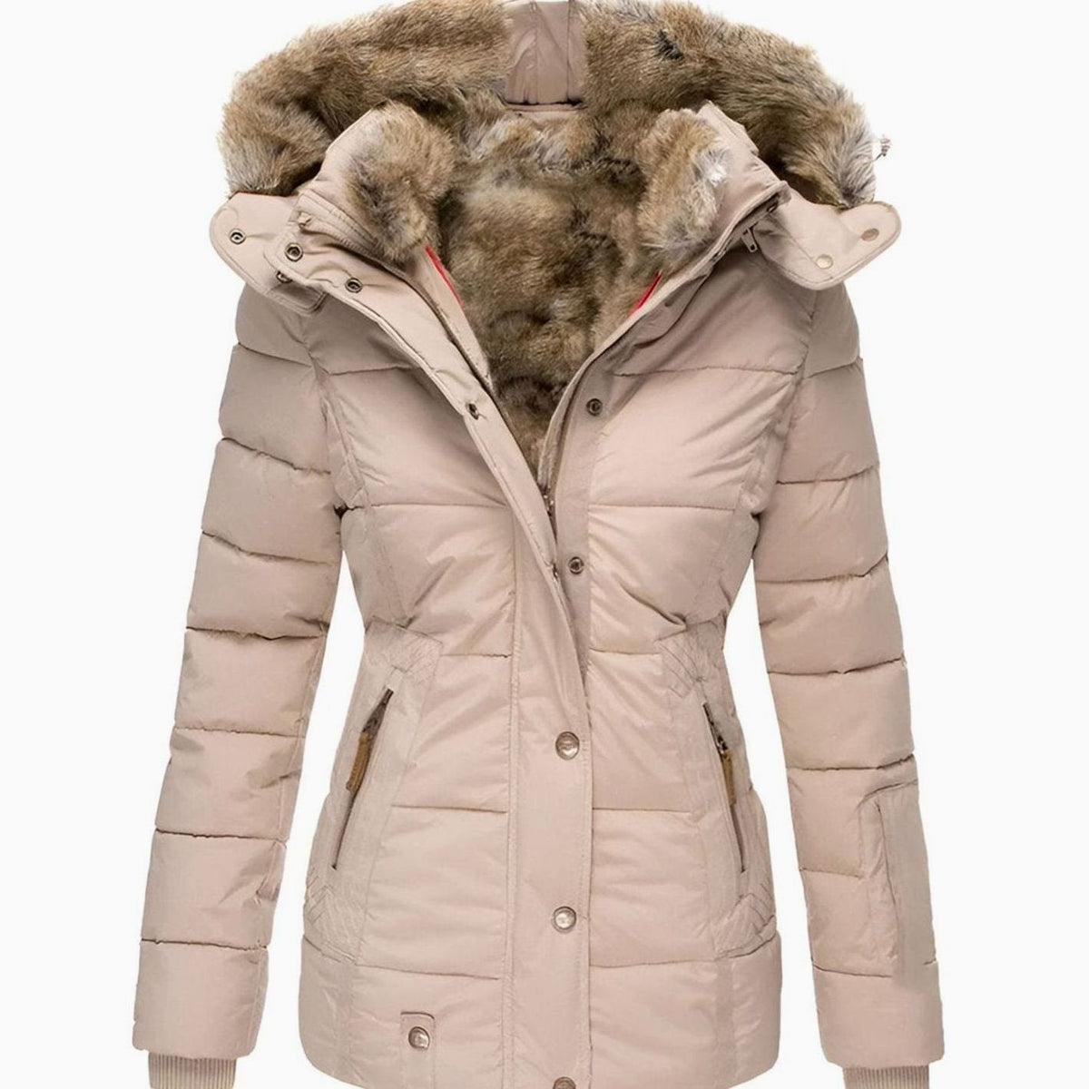 Women's hooded puffer jacket in beige with quilted panels and faux fur trim