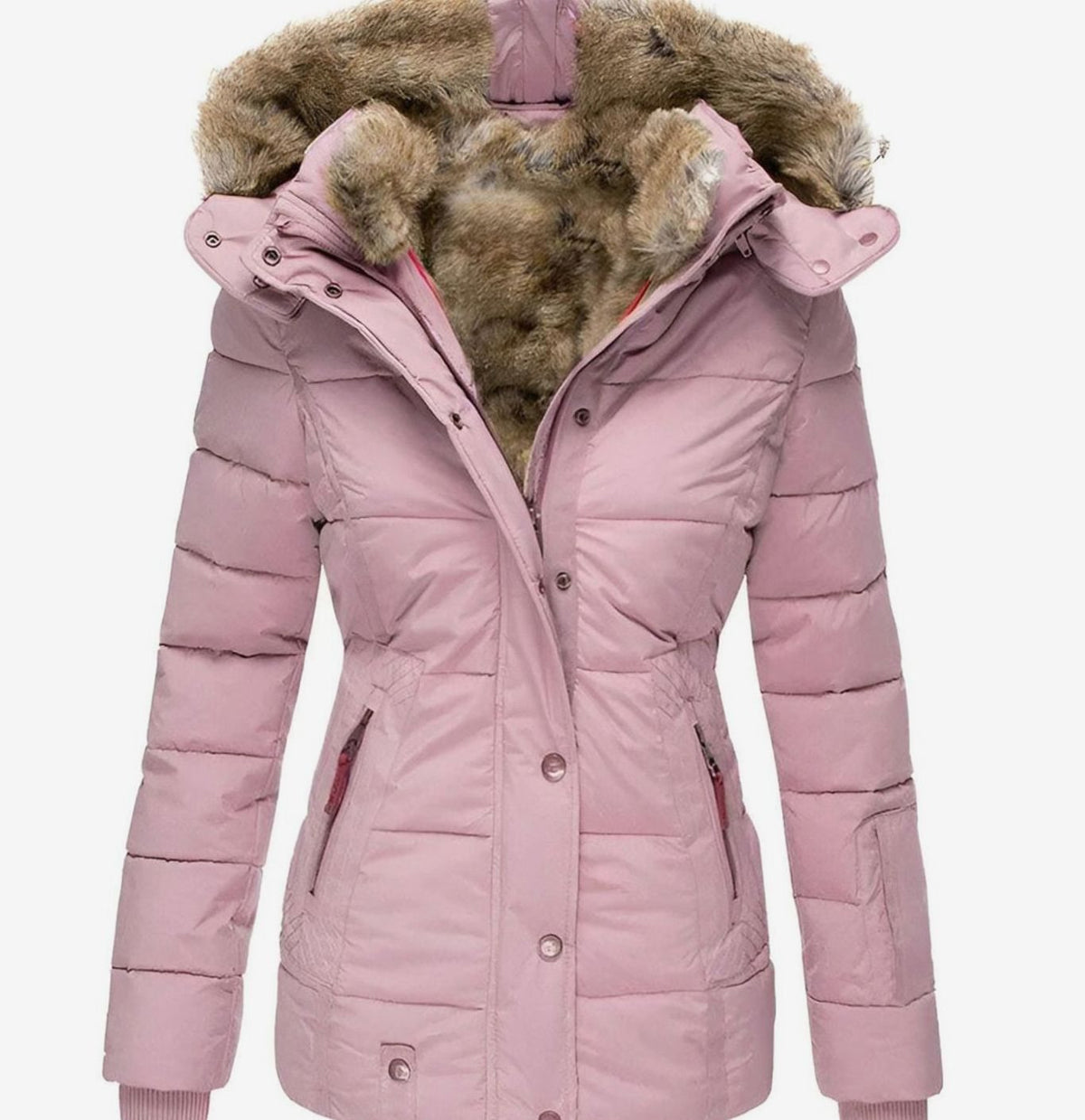 Women's hooded puffer jacket in pink with quilted panels and faux fur trim