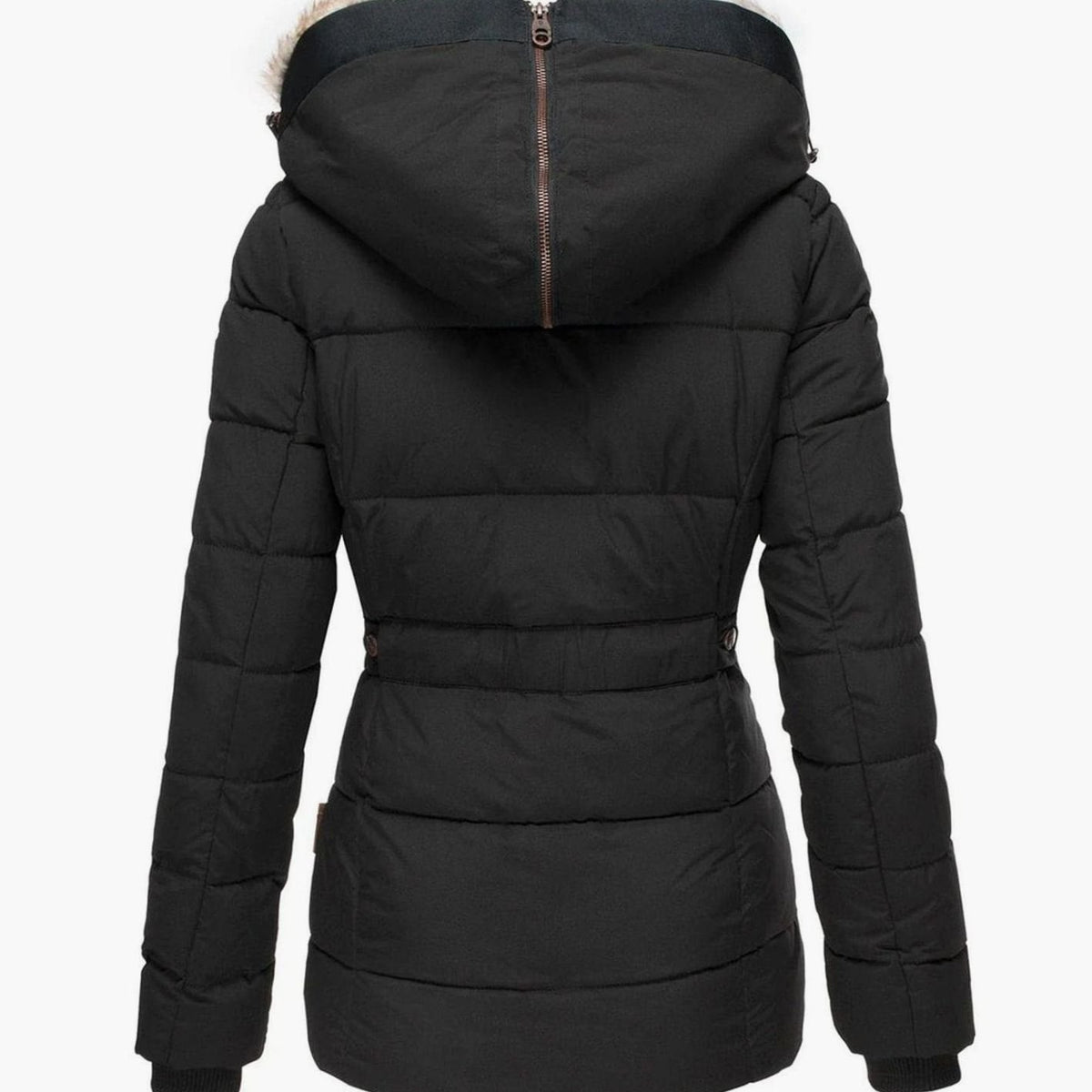 Women's hooded puffer jacket in pink with quilted panels and faux fur trim