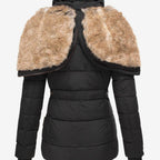 Women's hooded puffer jacket in pink with quilted panels and faux fur trim