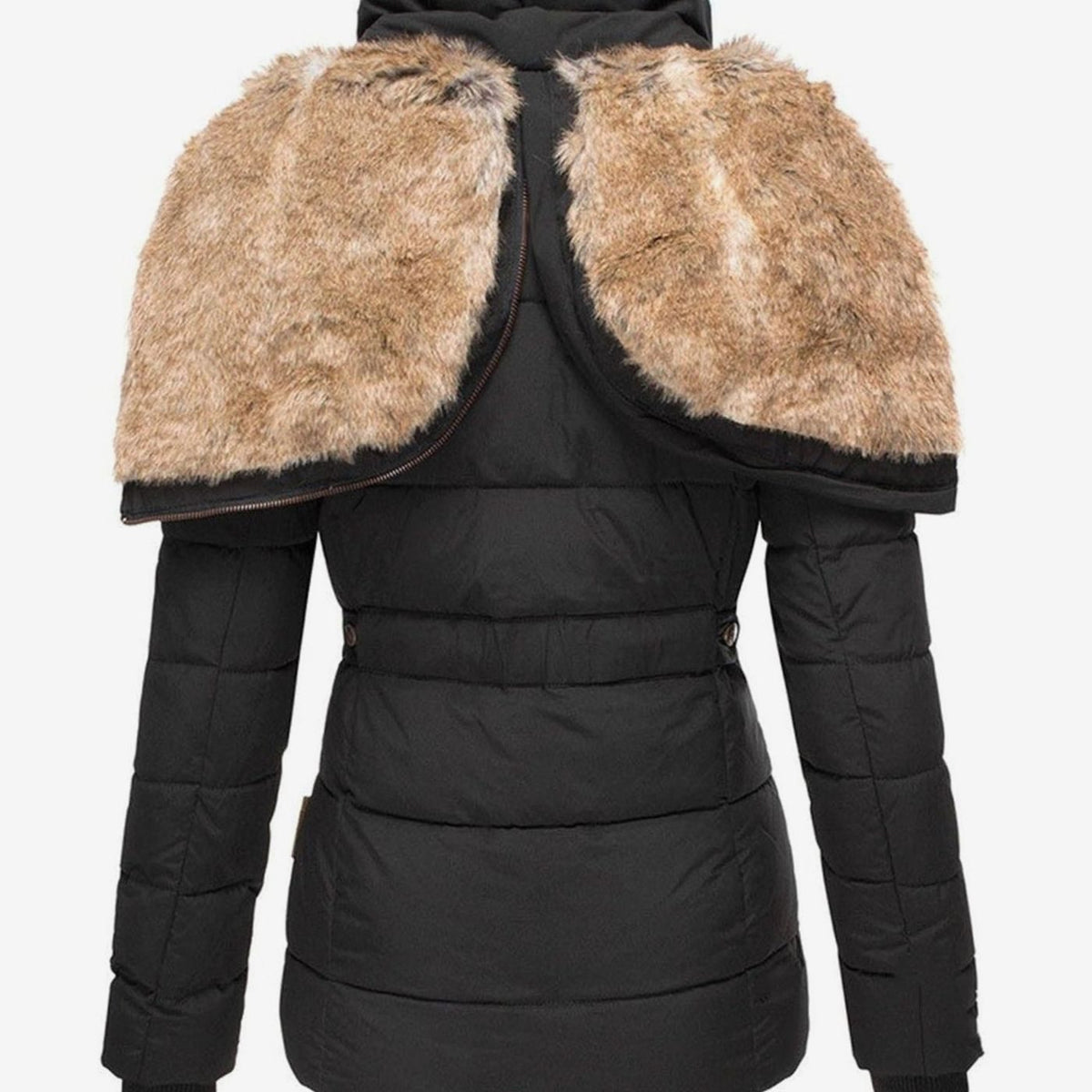 Women's hooded puffer jacket in pink with quilted panels and faux fur trim