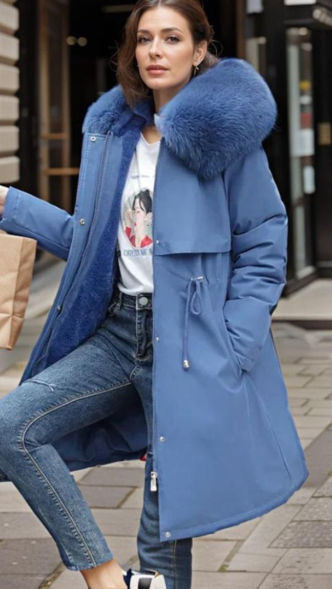 Blue Waterproof insulated faux fur hood parka coat
