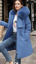 Blue Waterproof insulated faux fur hood parka coat