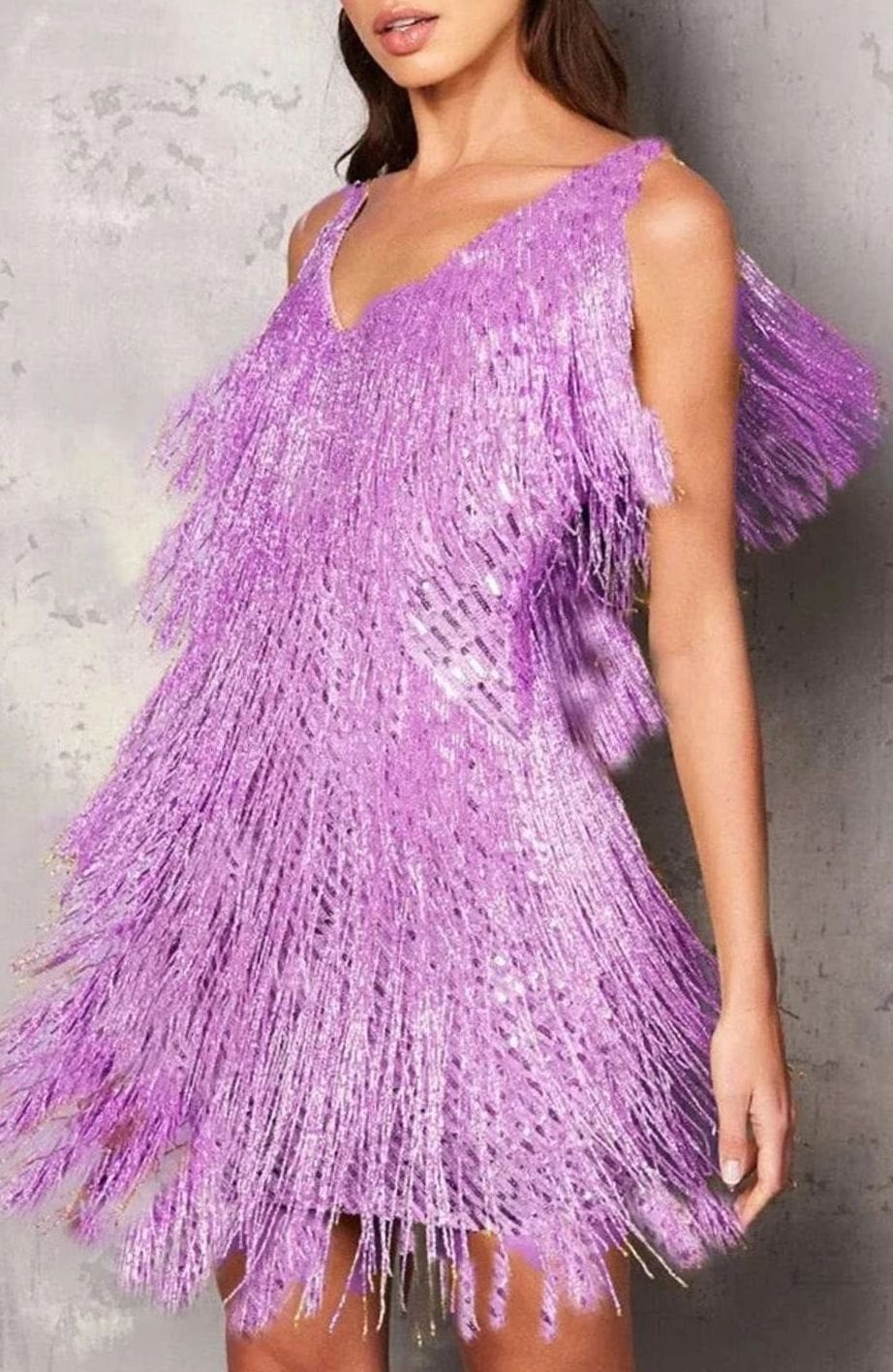 Women's sequin fringe mini cocktail dress in purple with a V-neck