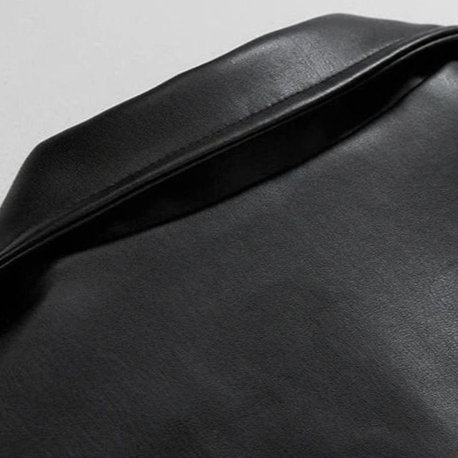 Black buttoned-cuff bomber jacket for men in an oversized faux leather design.