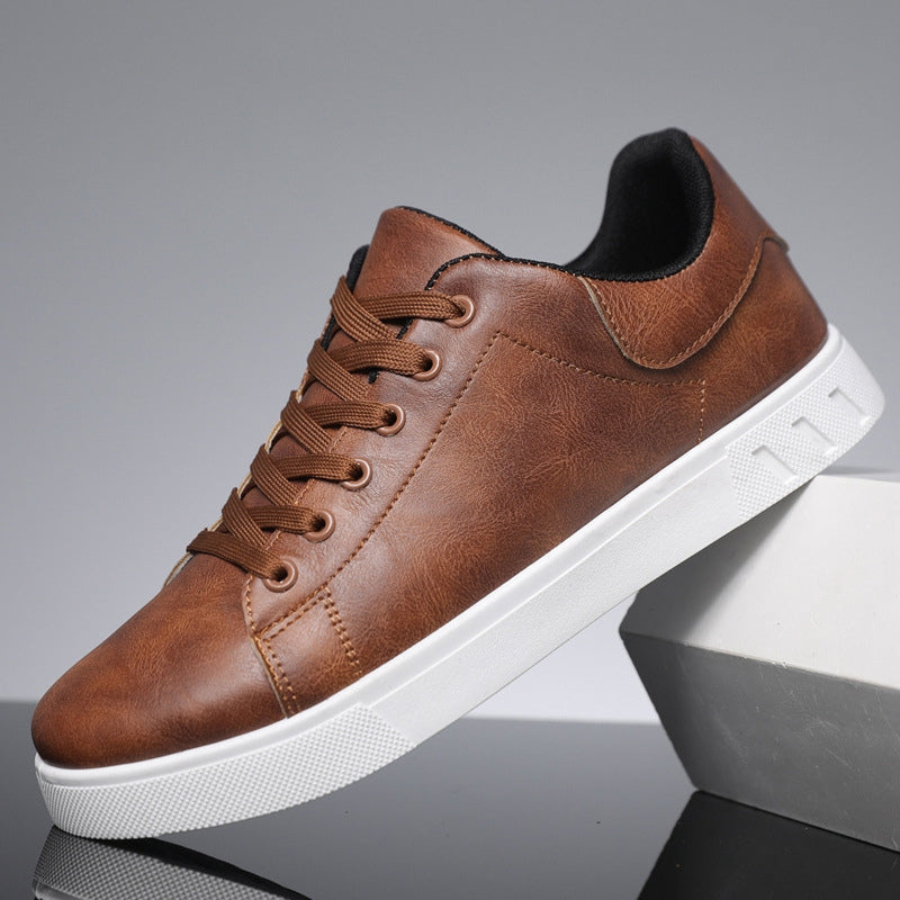 men's brown leather lace-up trainers with breathable lining