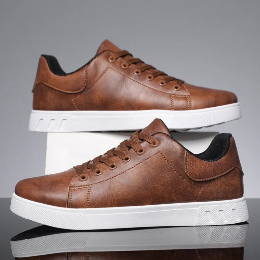 men's brown leather lace-up trainers with breathable lining