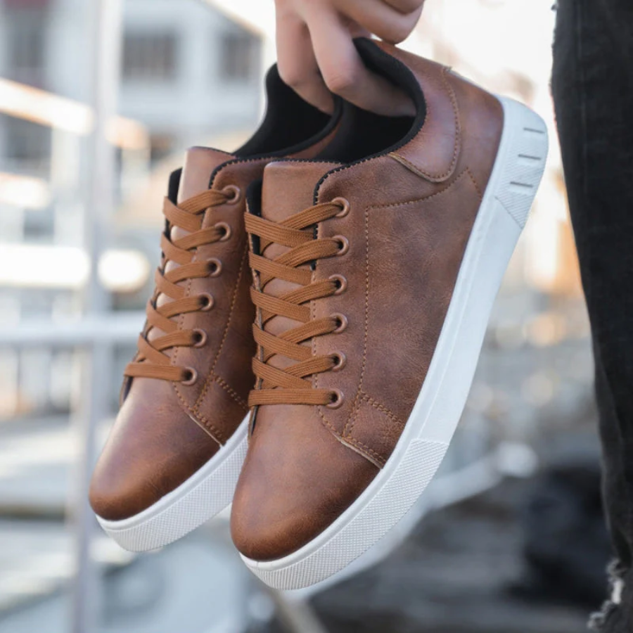 men's brown leather lace-up trainers with breathable lining
