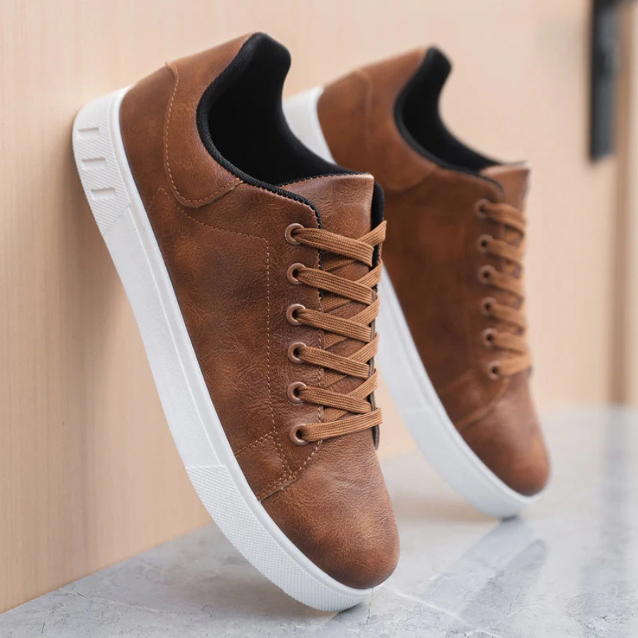 men's brown leather lace-up trainers with breathable lining
