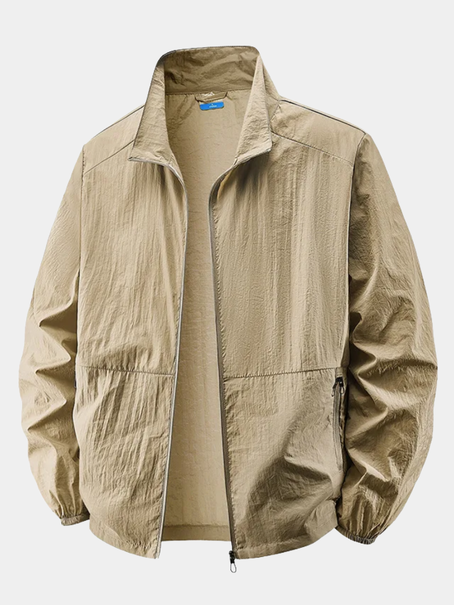 Men's casual lightweight zip jacket in khaki, close-up front view