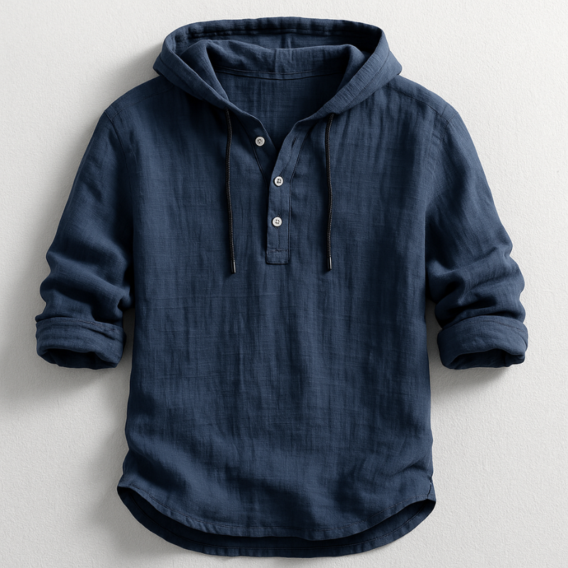 men's navy blue hooded linen shirt with long sleeves and a breathable weave