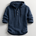 men's navy blue hooded linen shirt with long sleeves and a breathable weave