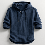 men's navy blue hooded linen shirt with long sleeves and a breathable weave
