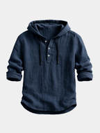 men's navy blue hooded linen shirt with long sleeves and a breathable weave