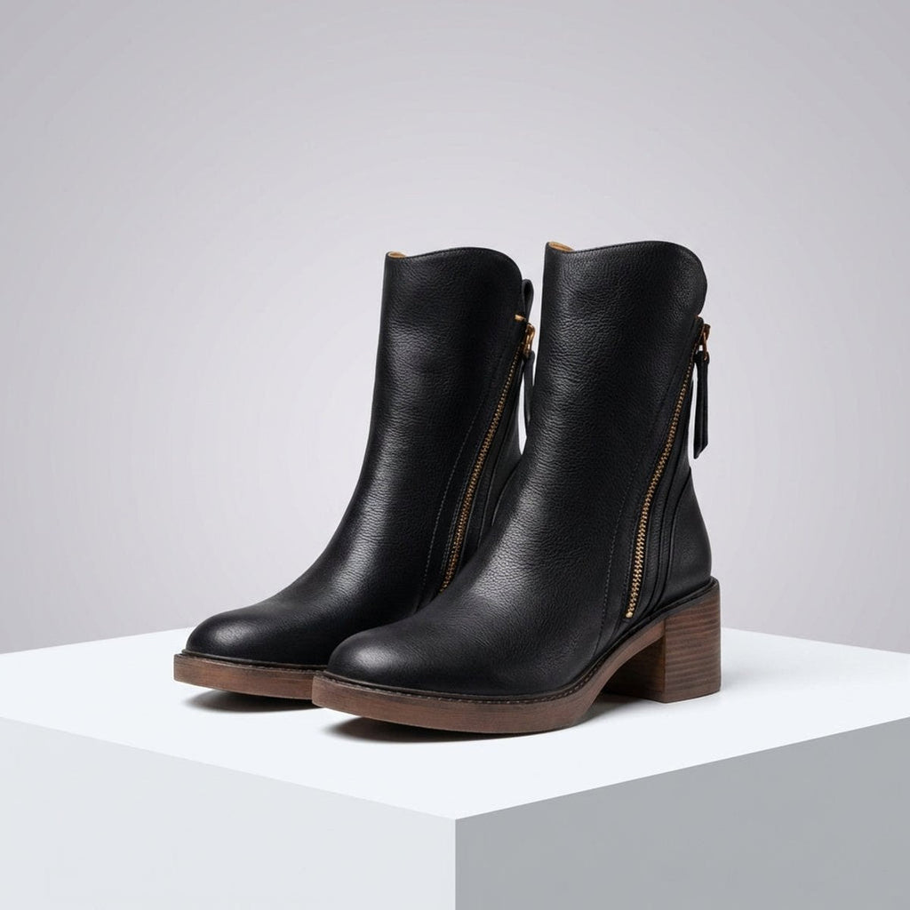 Black Genuine leather side-zip block heel ankle boots