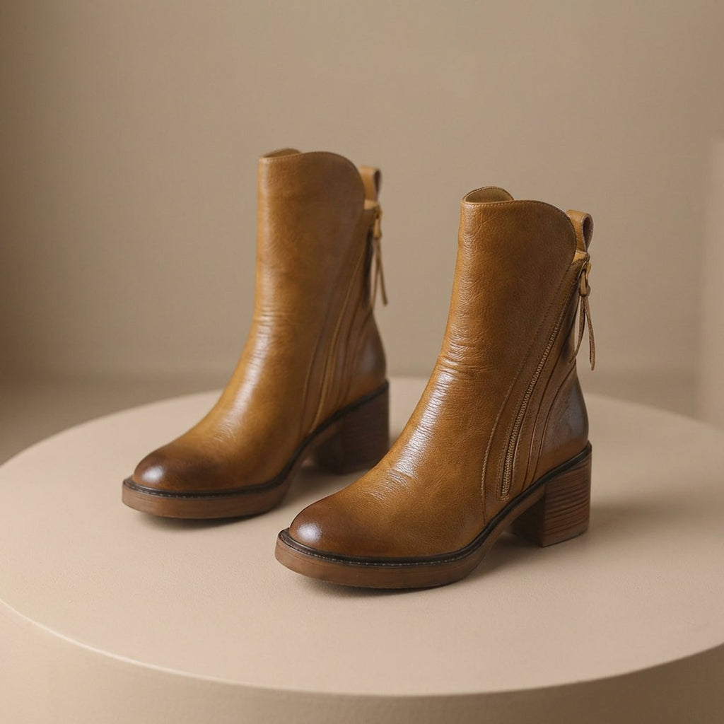 Black Genuine leather side-zip block heel ankle boots, product photo