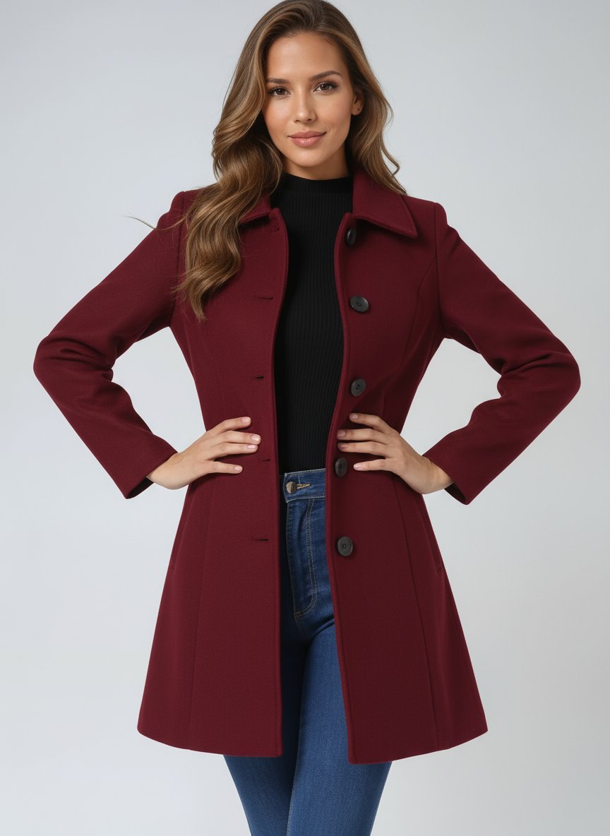Black Single-breasted structured midi coat for winter shown in a product photo