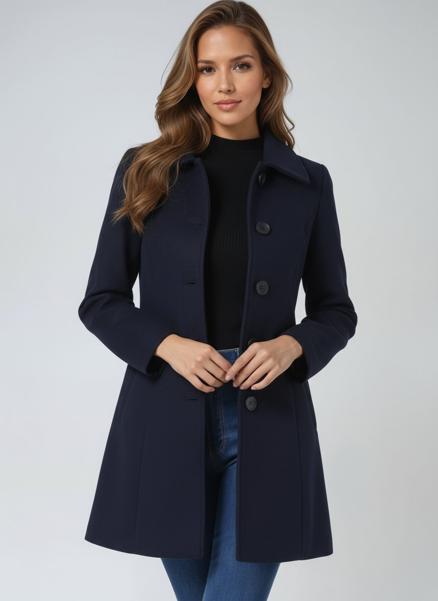 Dark Blue Single-breasted structured midi coat for winter