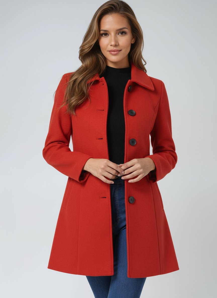 Red Single-breasted structured midi coat for winter