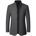 Grey mens overcoat with stand collar, front view