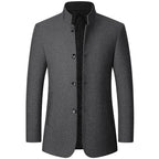 Grey mens overcoat with stand collar, front view