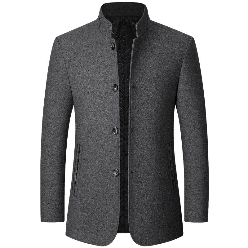 Grey mens overcoat with stand collar, front view