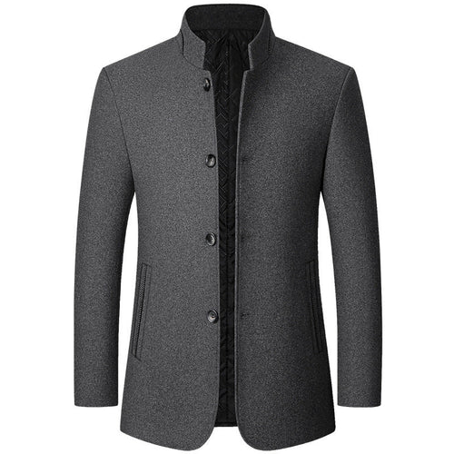 Grey mens overcoat with stand collar, front view