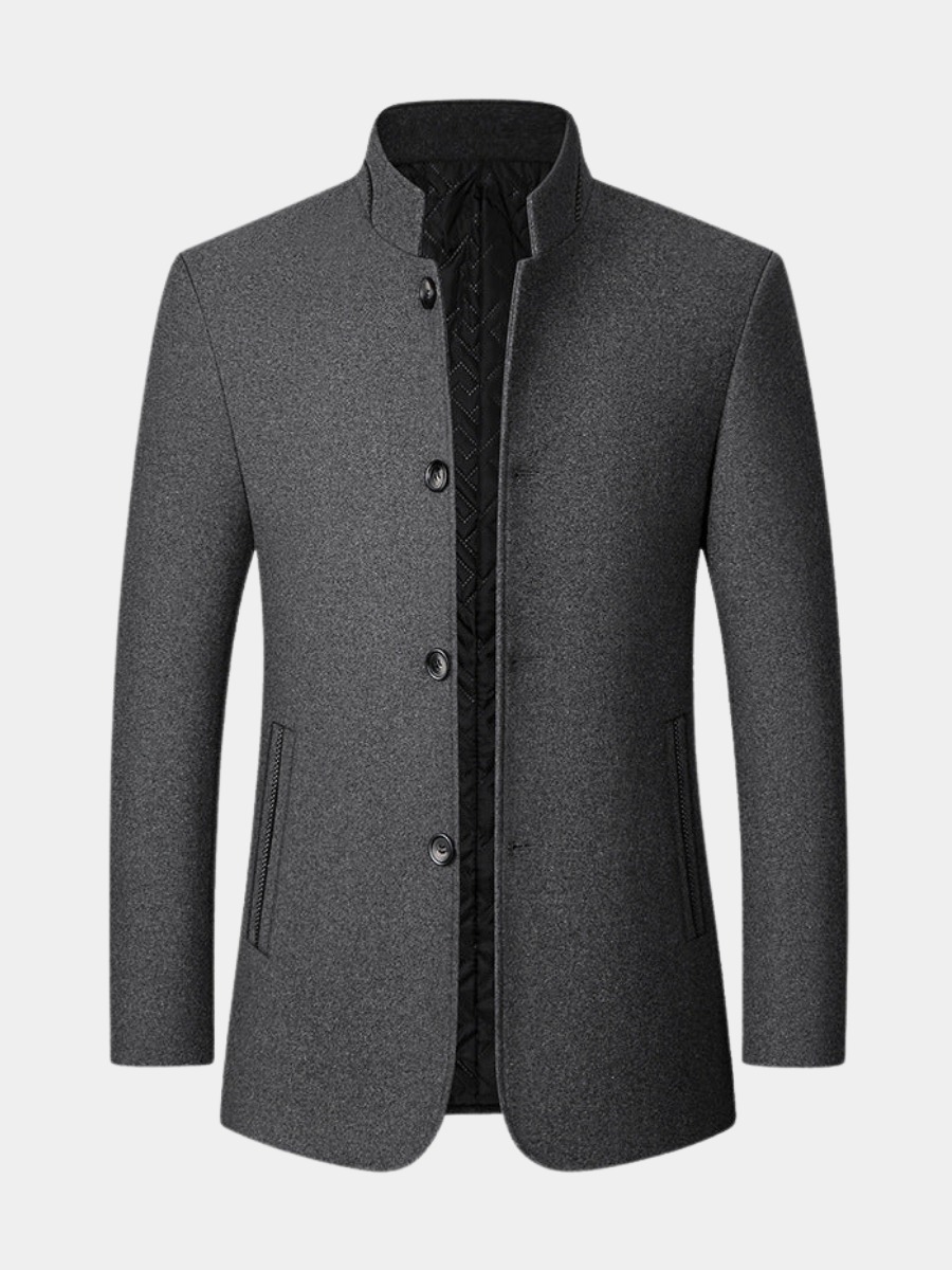 Mens overcoat button front and quilted lining detail