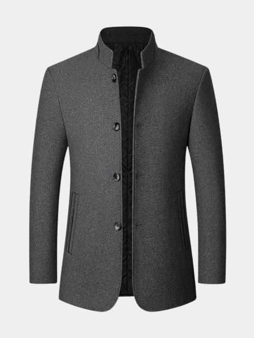 Mens overcoat button front and quilted lining detail
