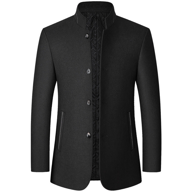 Mens overcoat side profile showing the longline cut