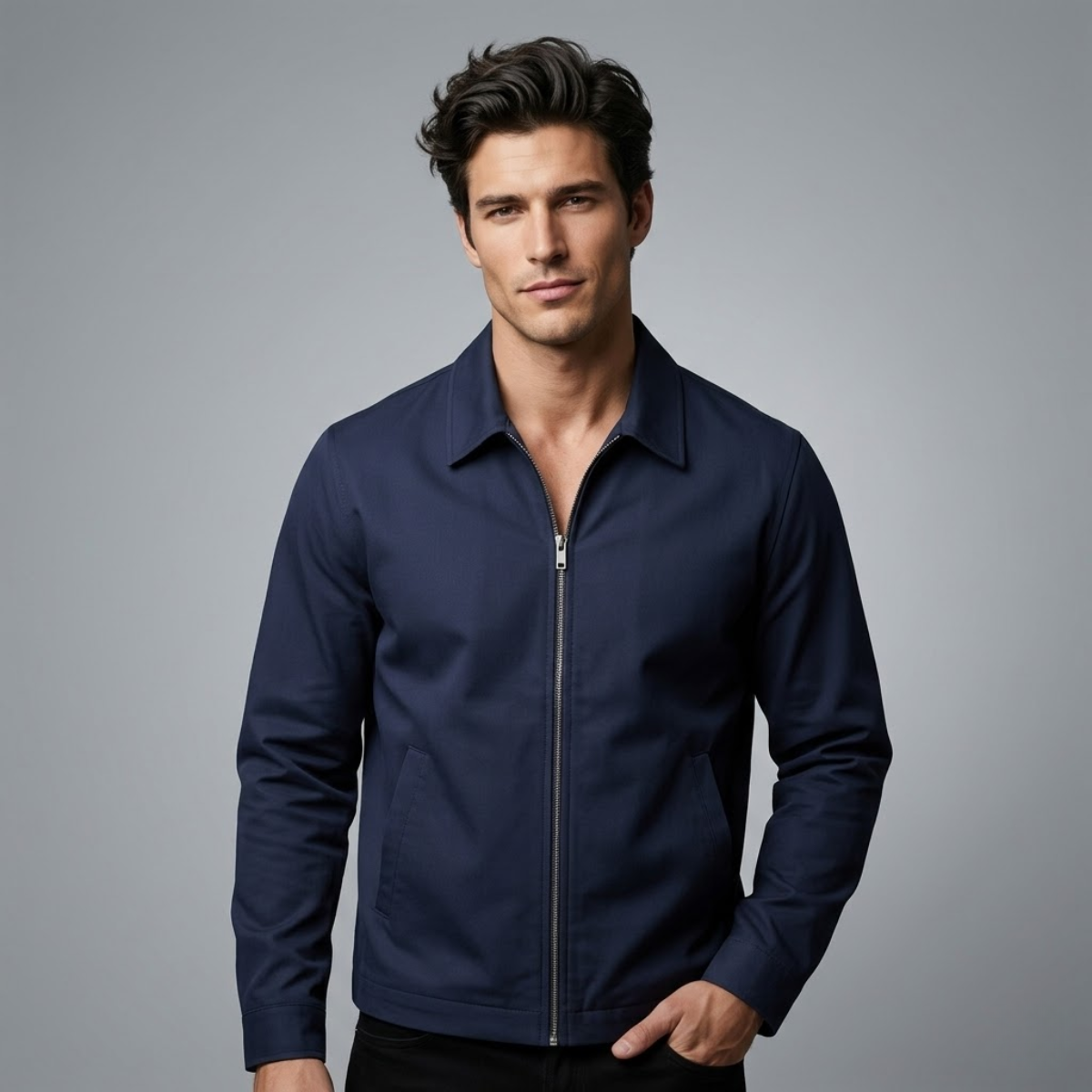 Men's navy blue tailored fit bomber jacket