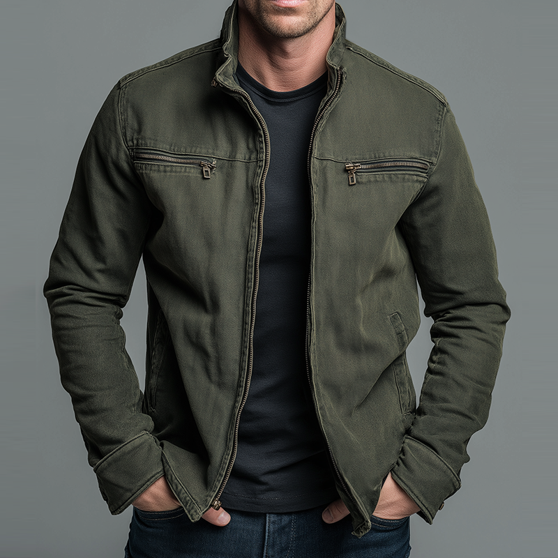 Men's green stand collar bomber jacket with contrast stitching