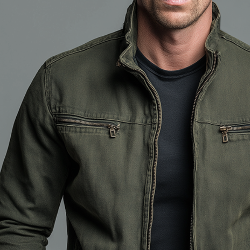 Men's stand collar bomber jacket with contrast stitching