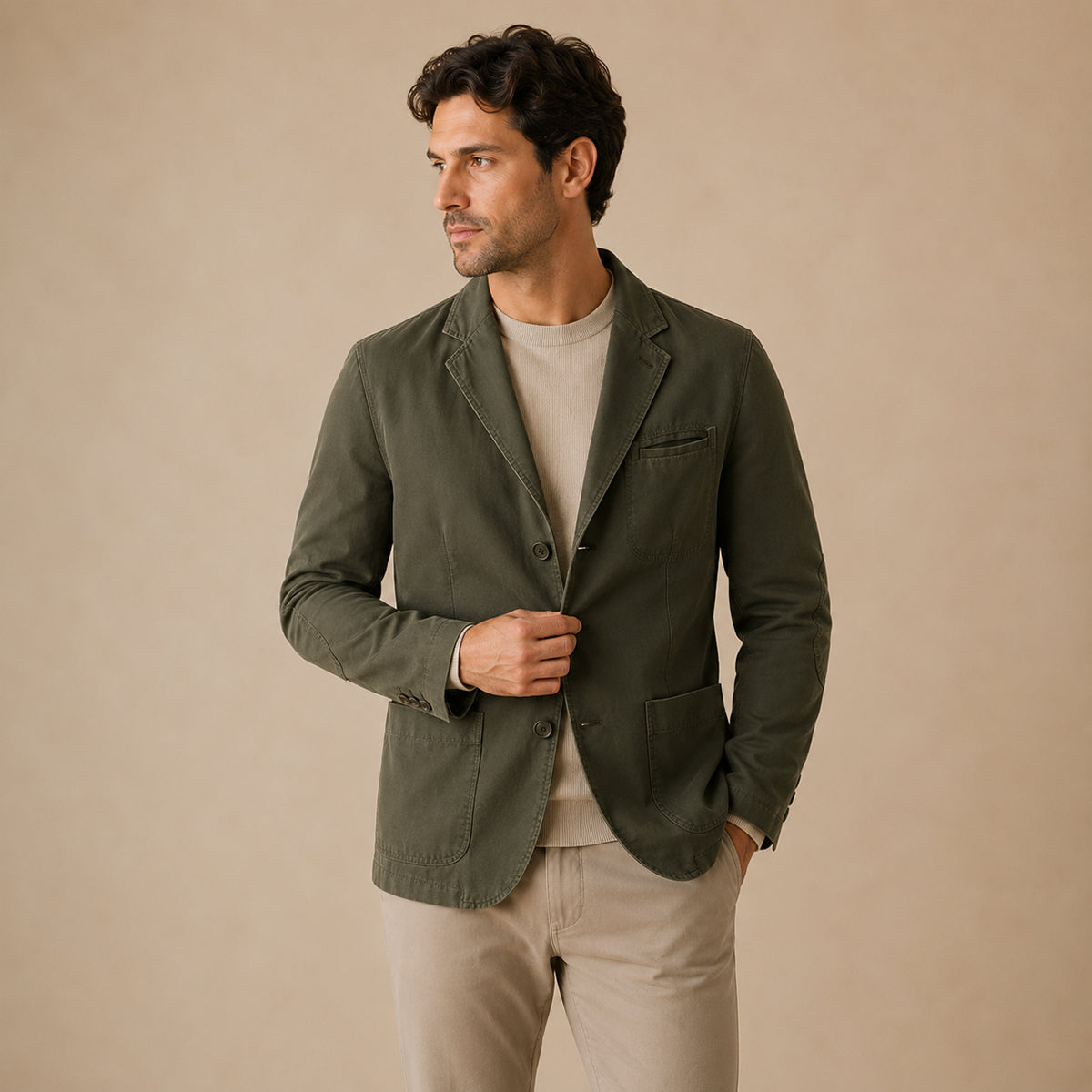 Men's army green relaxed fit cotton blazer with patch pockets
