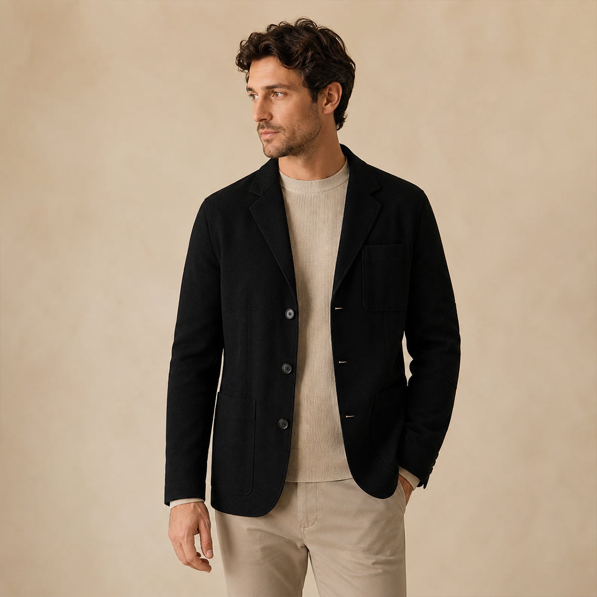 Men's black relaxed fit cotton blazer with patch pockets