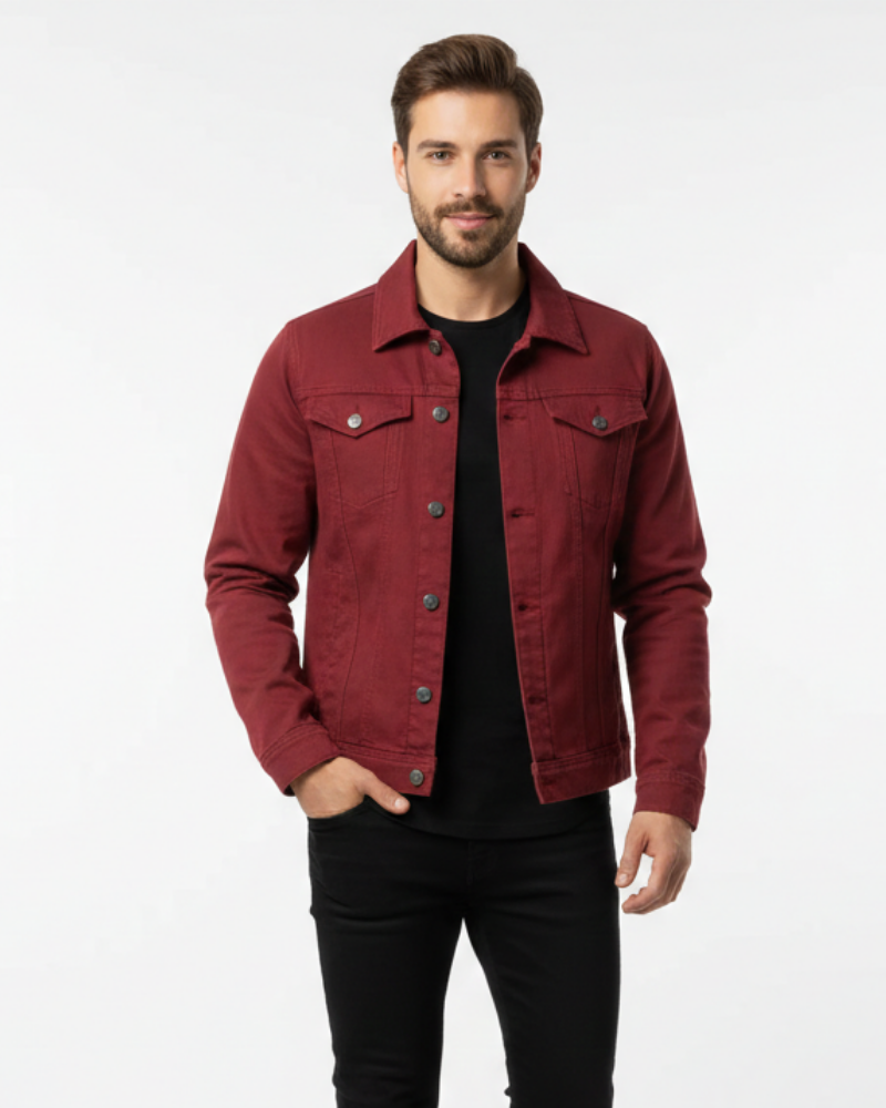 Men's wine red classic fit button-front denim jacket