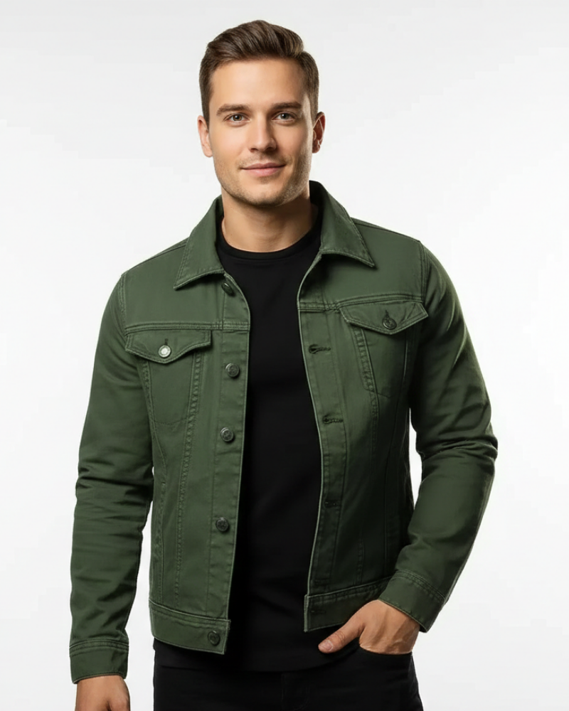 Men's dark green classic fit button-front denim jacket