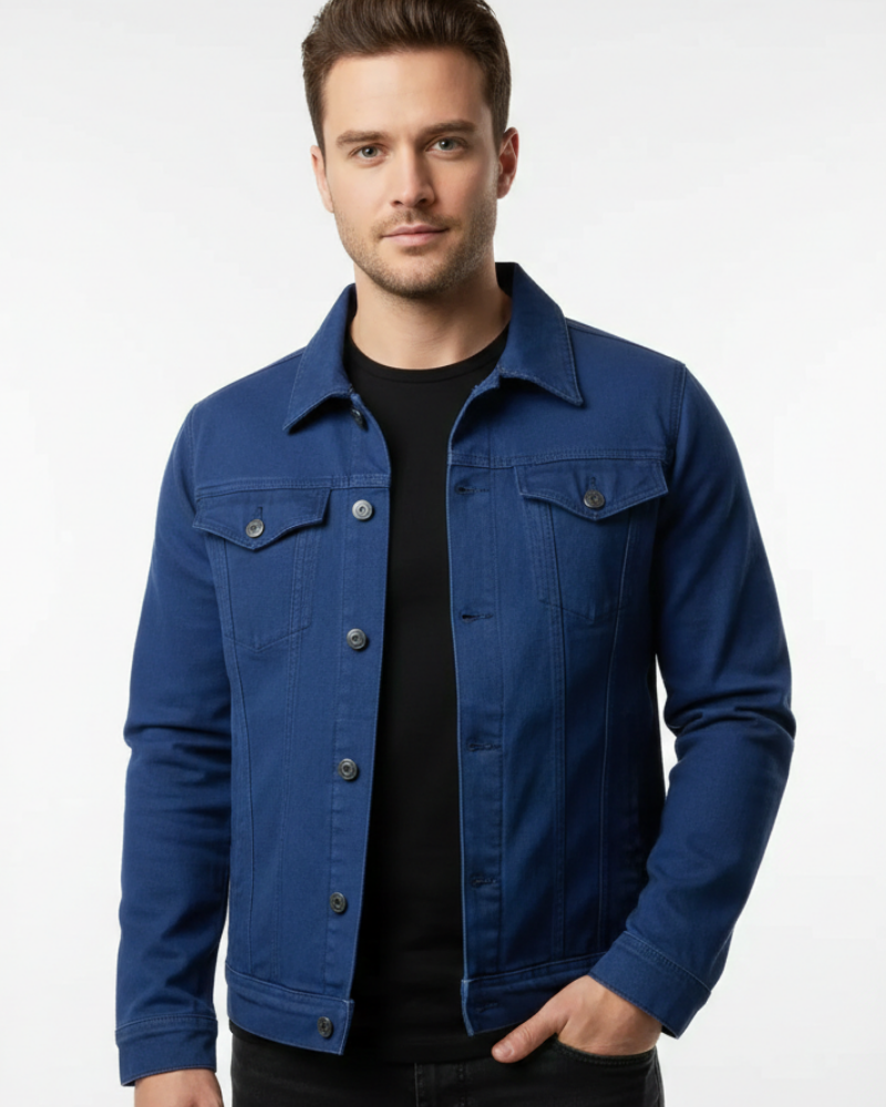 Men's dark blue classic fit button-front denim jacket