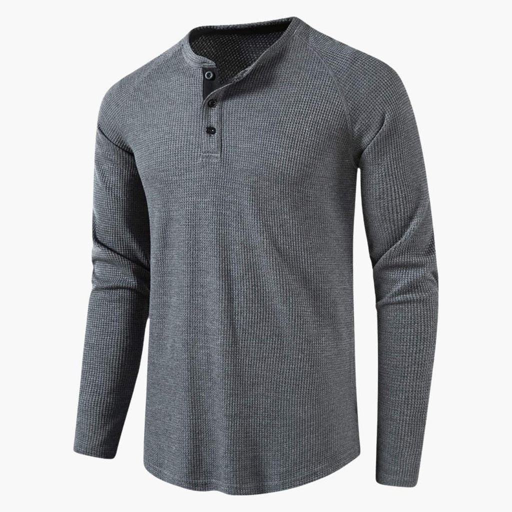 Men's grey waffle-knit henley with grandad collar