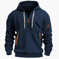 Men's navy blue multi-pocket half-zip utility hoodie