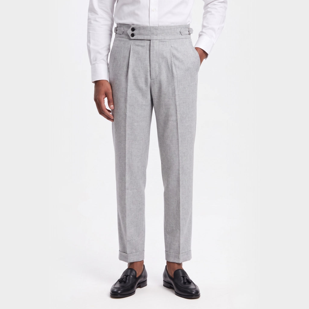 Men's grey tapered fit linen double pleat trousers