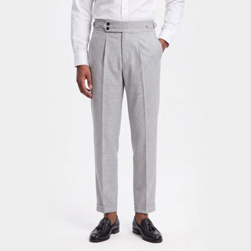 Men's grey tapered fit linen double pleat trousers