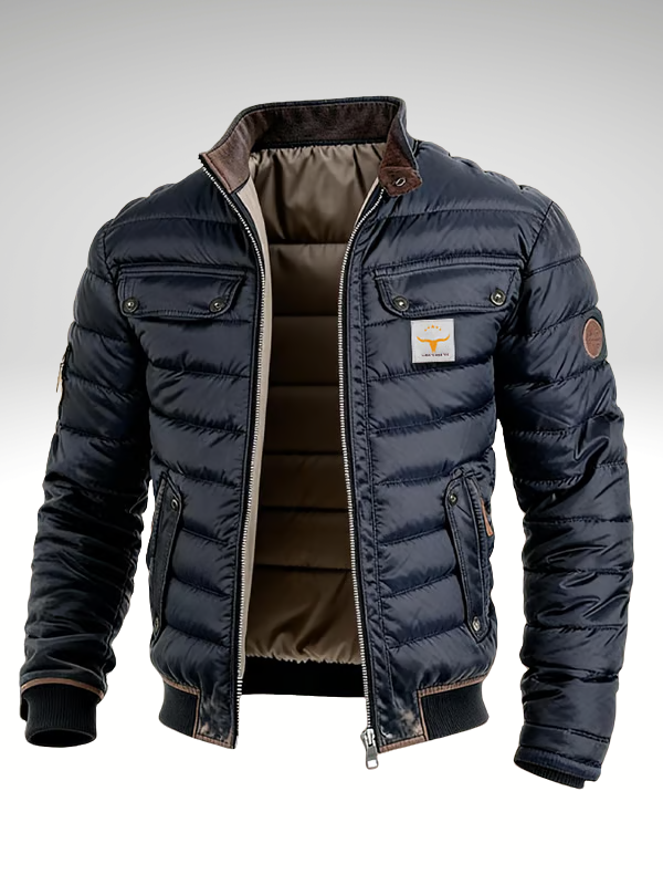 Men's navy blue bomber style quilted puffer jacket