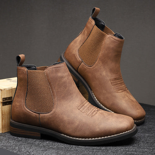 Men's brown suede chelsea boots with stacked block heel