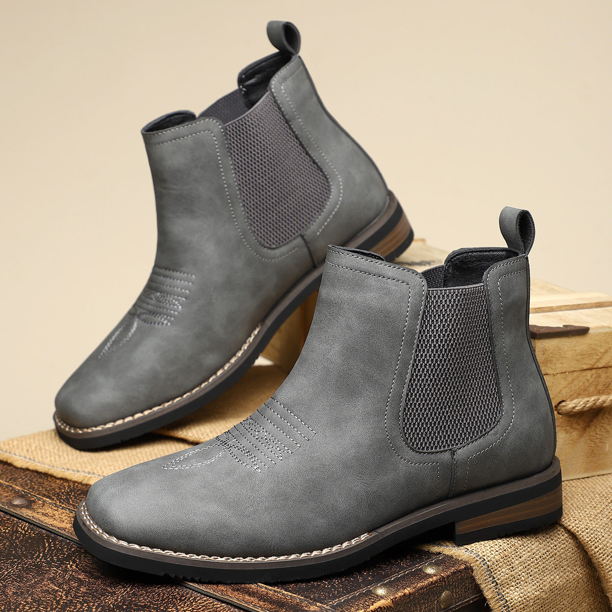 Men's grey suede chelsea boots with stacked block heel